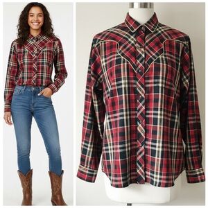 80s Kenny Rogers Western Plaid Button Down Piped Yoke Rodeo Chic Pearl Snap Sz M